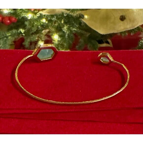 Tai Hex Open Bracelet Adjustable Gold Cuff Blue-Green Glass, Crystals - Picture 2 of 5